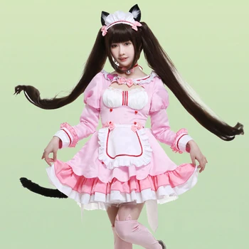 Anime NEKOPARA Srčkan Devica Obleko Cos Chocola Roza Lolita Obleko Mačka rep Coslpay Kostum obleko
