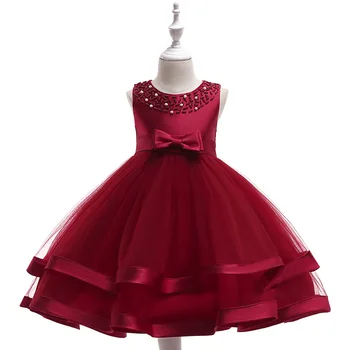 Beading Elegantno Obleko za Deklice, Cvet Večplastna Božič Dekle Večerne Obleke Rdeče Beli Trak Stranki Poroka Obleke 6 8 10T