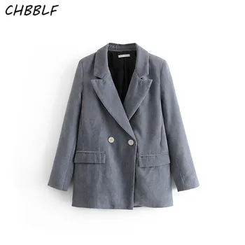 CHBBLF ženske letnik Velvet jopič žepi dvojno breated dolg rokav casaco ženski suknjič DFT2722
