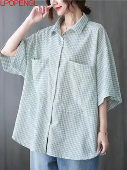 Kariran Majica ženska Kratka sleeved 2022 Novo Poletje korejski Prevelik Svoboden Žep Vrhu Enotni-zapenjanje River Tshirt Harajuku