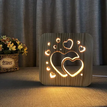 Leseno Srce Noč Lučka 3D LED Nočne Luči za valentinov Darilni Ustvarjalne Spalnica Dekoracijo Toplo Bela Lesa Postelji Nočna