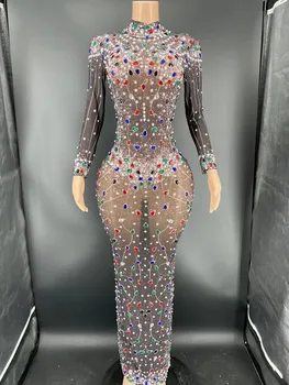 Novi Seksi Glej Skozi Bodycon Dolgo Obleko Sparkly Kristalno Ženske Dolg Rokav Praznujejo Rojstni Dan Uspešnosti Kostum