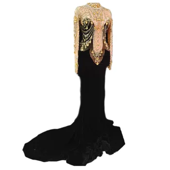 Odličen Kristal Okrasnih Seksi Dolge Rokave Black Swan Žamet Zadnjo Obleko Za Ženske Večer Elegantna Oblačila Slave Obrabe