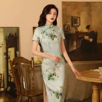 Pomlad Poletje Ženske Elegantne Kratek Rokav Cheongsam Dolgo Satenasto Obleko Dnevno Cvet Natisnjeni Kitajski Qipao