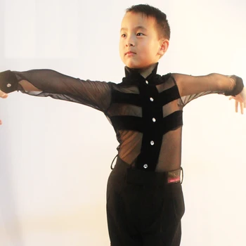 Seksi latinski Ples Vrhovi za Otroke Black Long Sleeve Majica Nov Prihod Moda Fant, ki je Moški Dvorana Tango Konkurenčno Oblačilo N7023