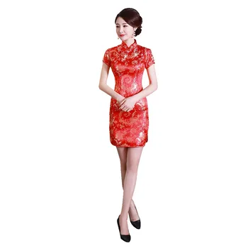Shanghai Zgodba Kratek Rokav Saten Qipao Vezenje Kitajski Cheongsam Obleko Orientalski Stil oblačenja Rdeča