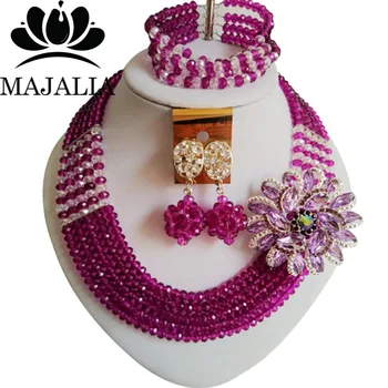 Trendy Nigerija Poroko Vijolično afriške kroglice nakit set kristalno ogrlico, zapestnico, uhane, Brezplačna dostava Majalia-129