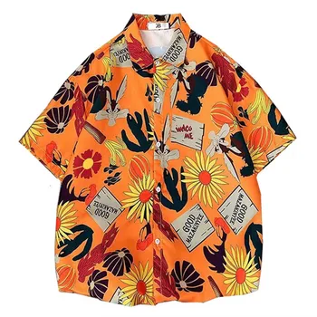 Y2K Moški Letnik Majica Poletje Novo Hawaiian Kratek Sleeve Majica Moški Halloween Buče Tiskanja Plaži Priložnostne Majice Človek Prevelik Hemd